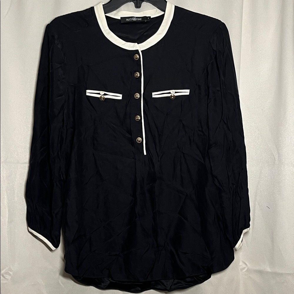 Alice & Trixie Silk Black Cream Contrast Gold Button Blouse Small